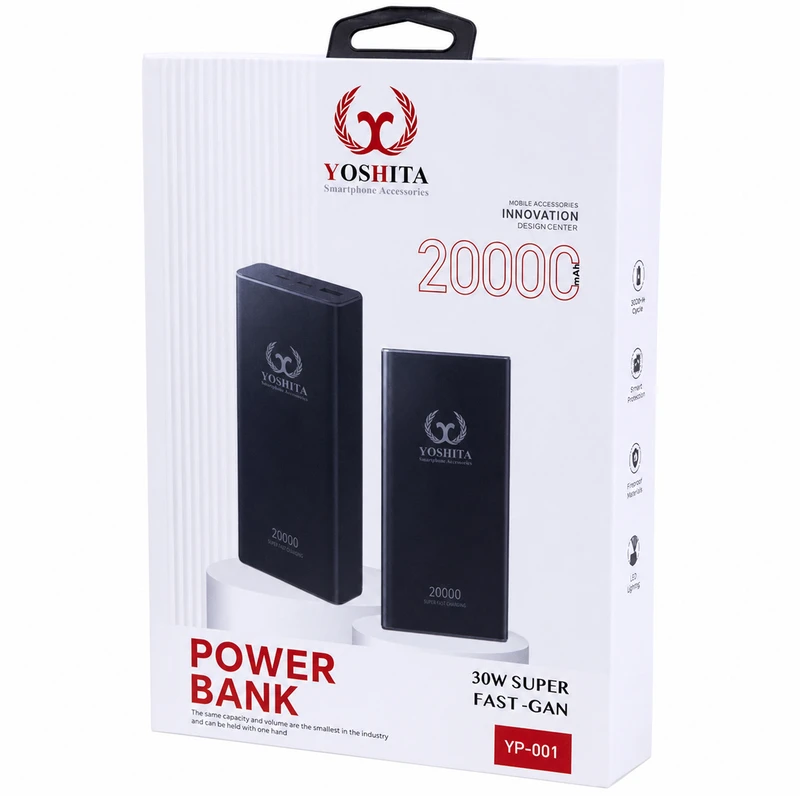 پاوربانک 30 وات یوشیتا مدل YP-001 ظرفیت 20000 میلی‌آمپر‌ساعت به همراه یک عدد کابل USB-A به USB-C